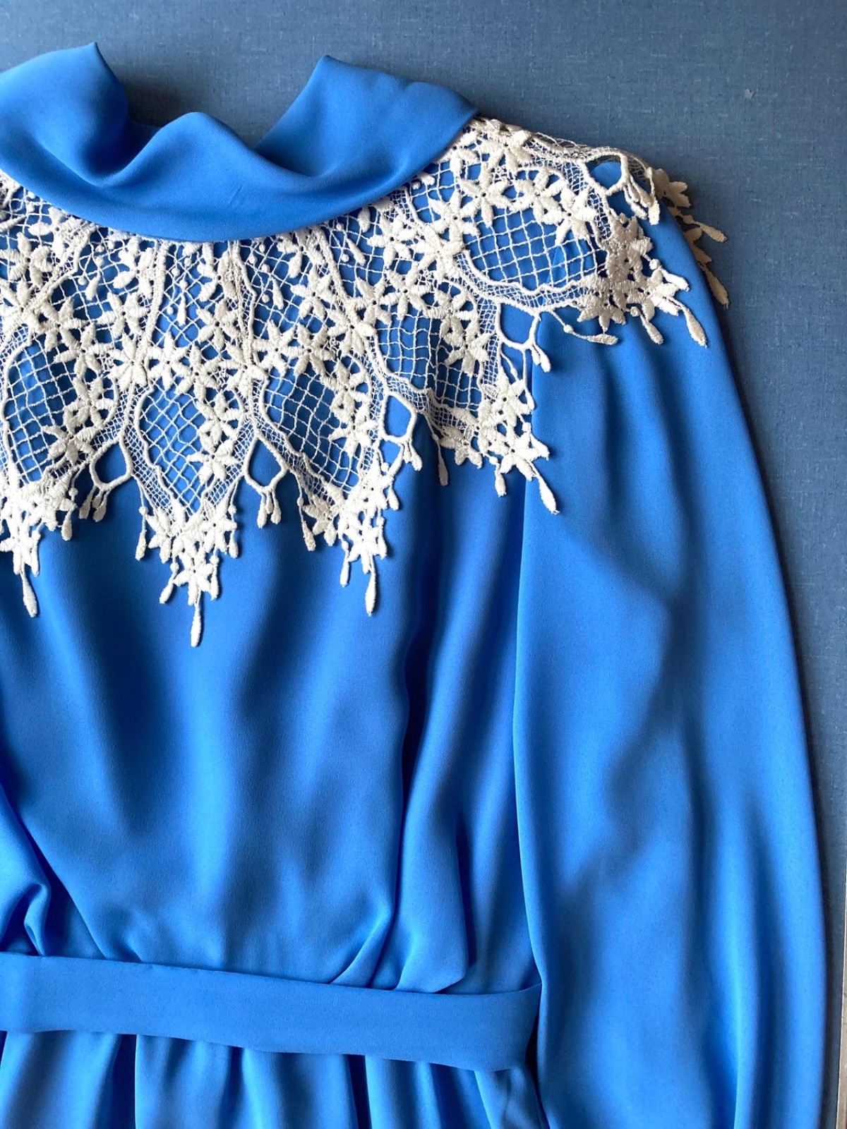 Vintage 80s Lace Collar Secretary Midi Dress, Blue, Small, 36″ Chest