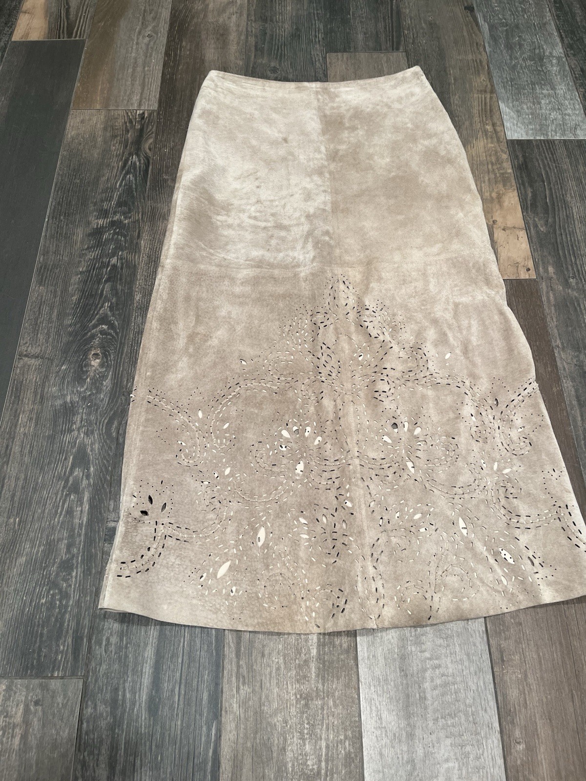Wilsons Leather Pelle Studio Long Maxi Brown Suede Skirt Sz 6 Laser Cut Western