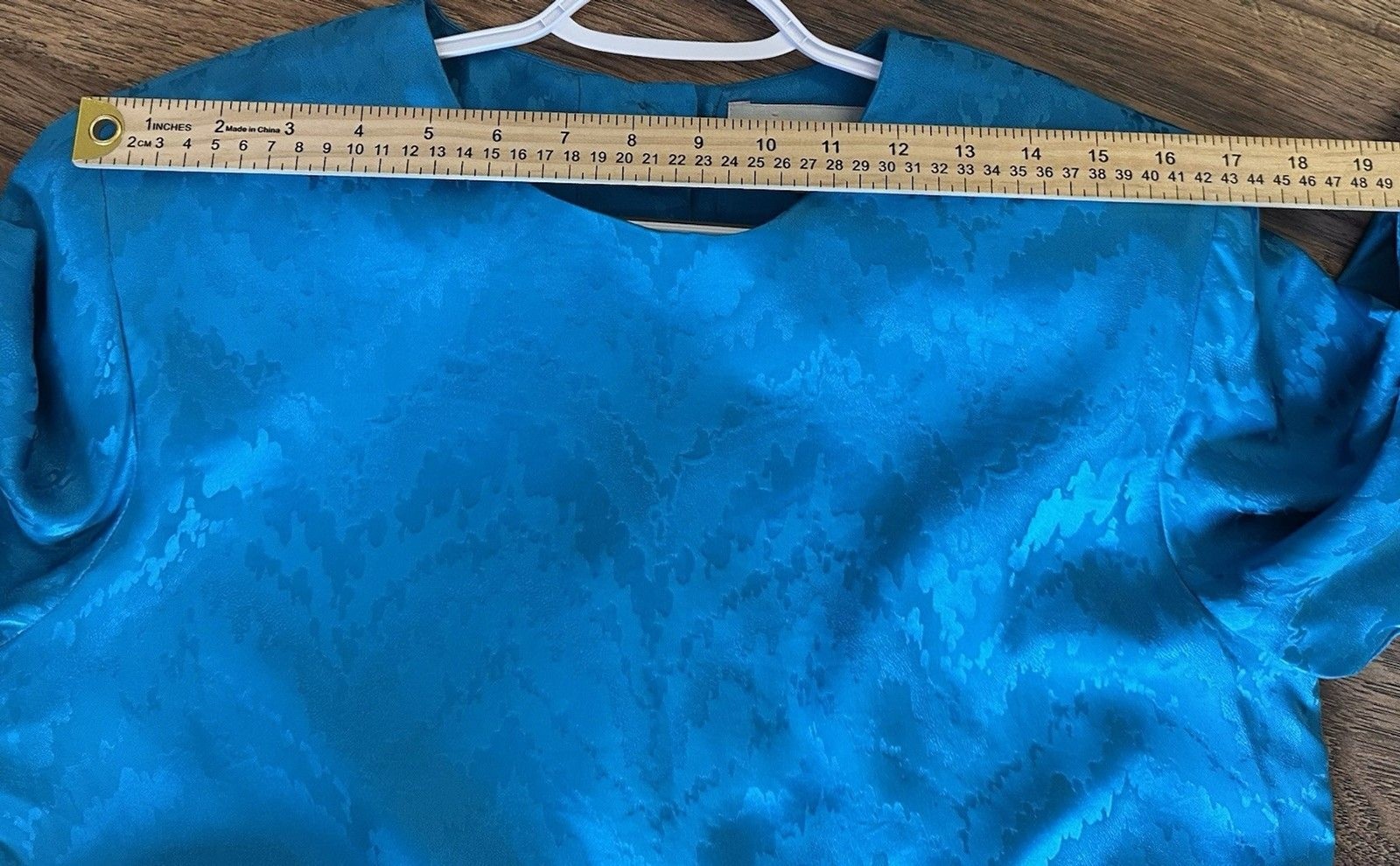 Vintage Argenti Pure Silk Teal Jacquard Dress Ruched Side Knot Size 12 43″ Midi