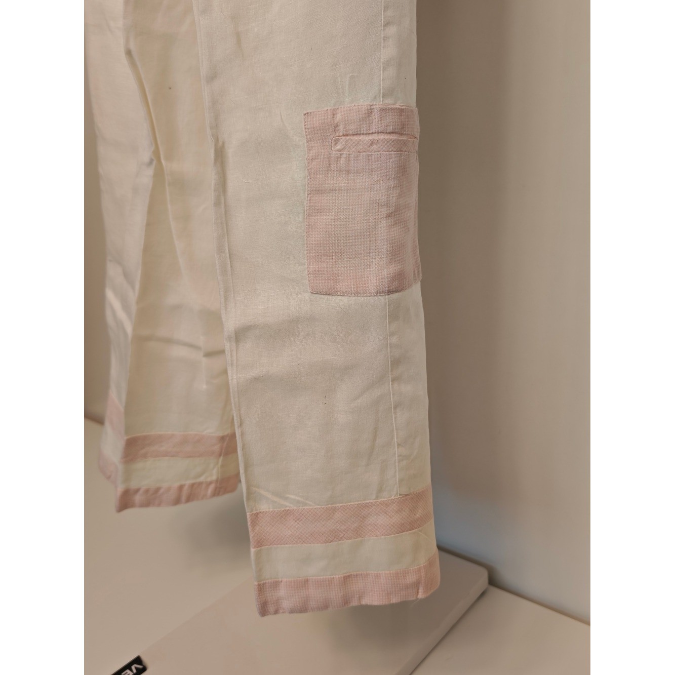 Vintage DKNY Cream Wide Leg 100% Linen Pants Pink Trim XL Elastic Waist Trousers