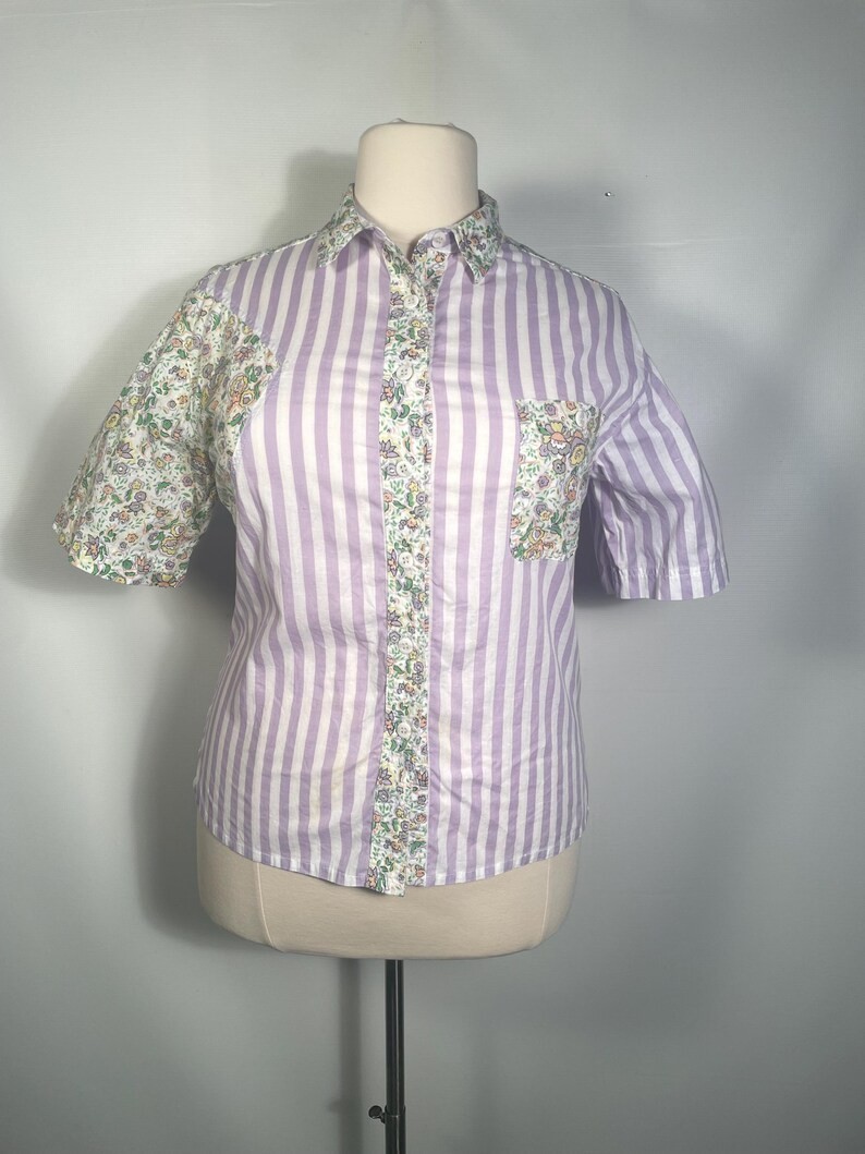 Vintage 1990s Plus Size Spring Floral All Cotton Striped Blouse Size 16 XL