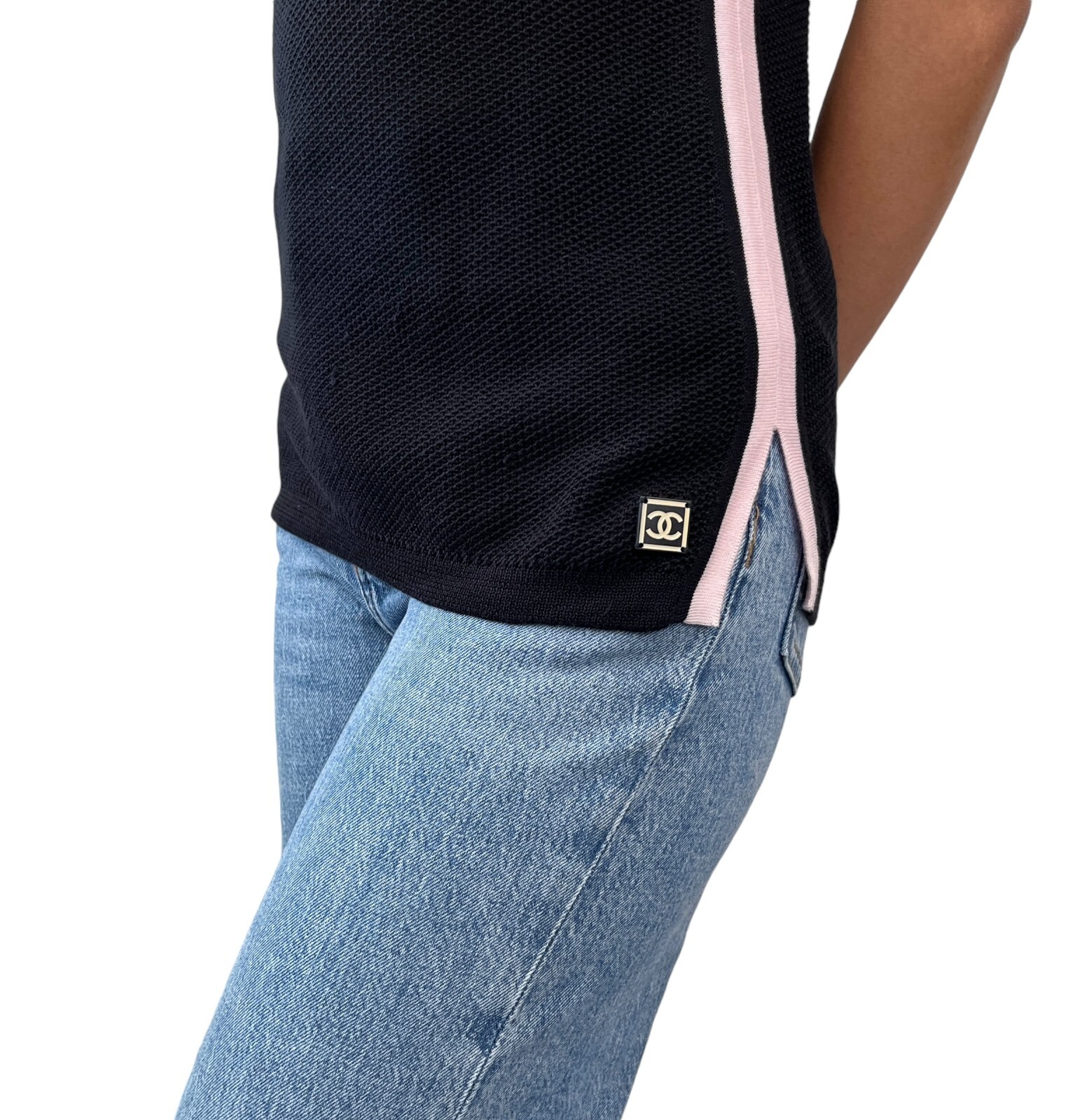 CHANEL Vintage 03P CC Logo Mesh Knit Tank Top #38 Black Pink Cotton Rank AB+