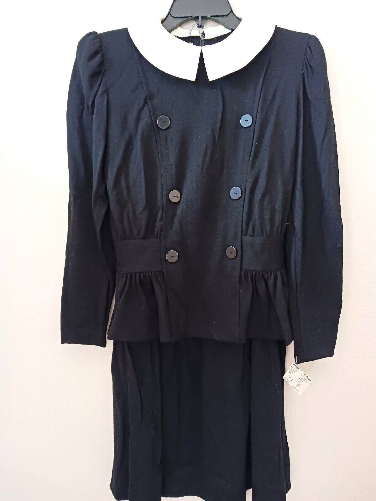 Vtg The Kollection 6 Black Wool Jersey 2 Pc Dress White Collar Wednesday Addams