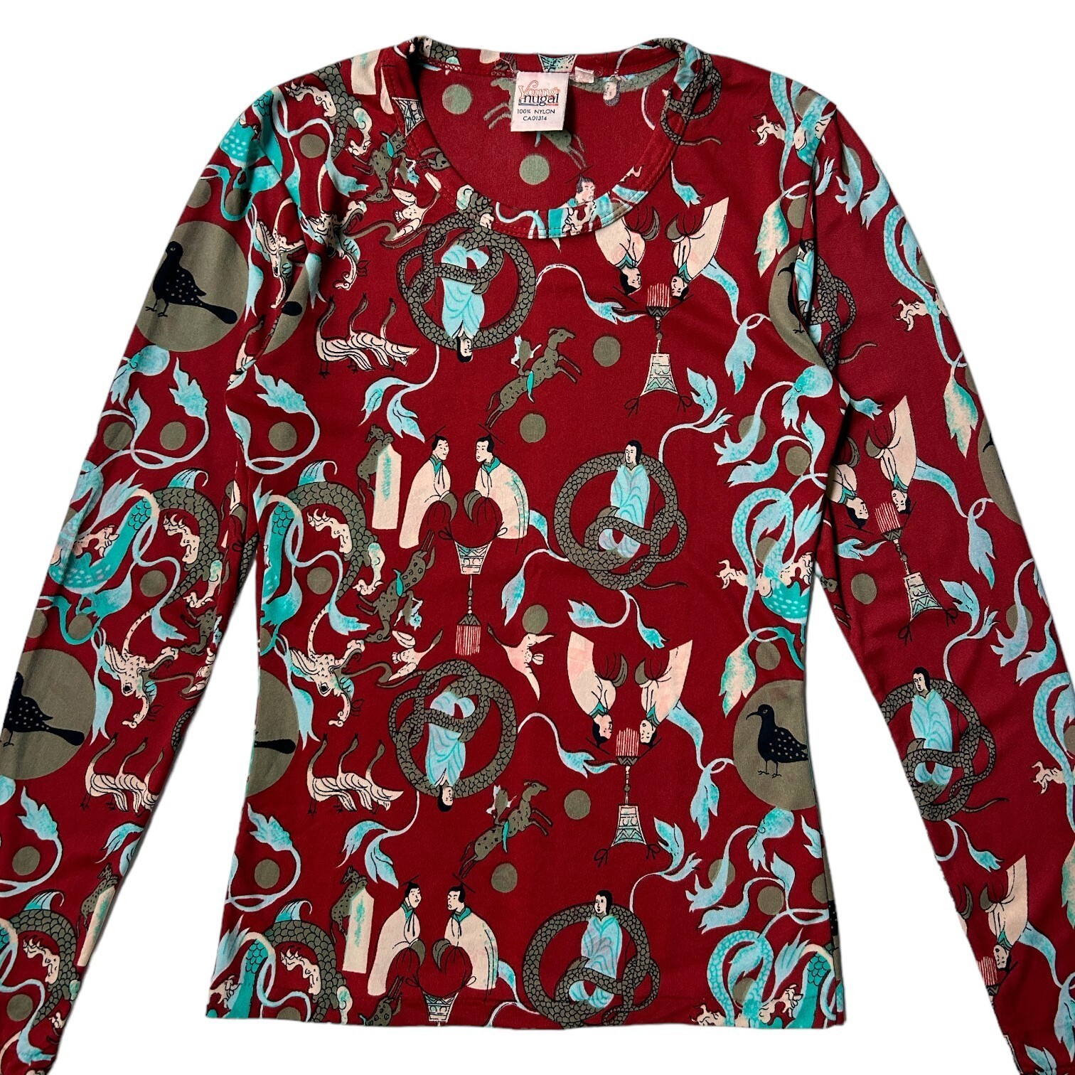 70s Vintage Novelty Print Shirt Art Traditional Animal Dragon Snake Pattern.