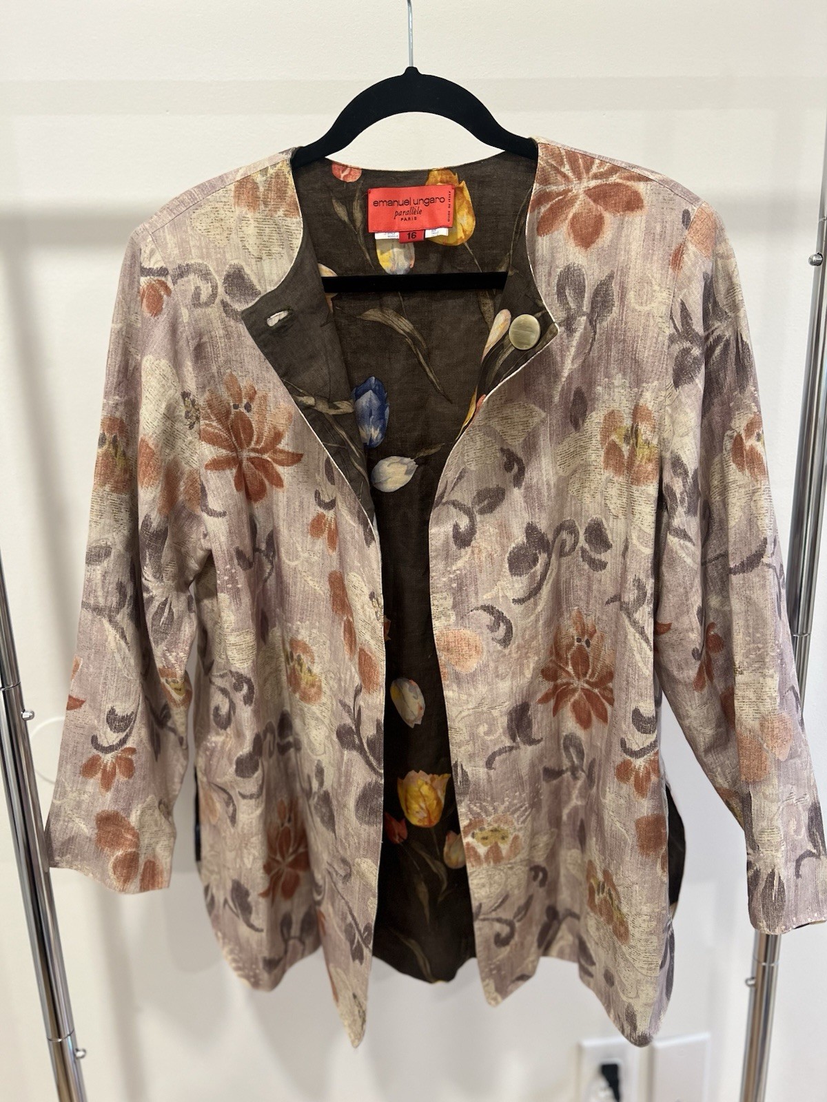 Emanuel Ungaro Parallèle Reversible Linen Jacket Floral Brown Beige Women’s 16