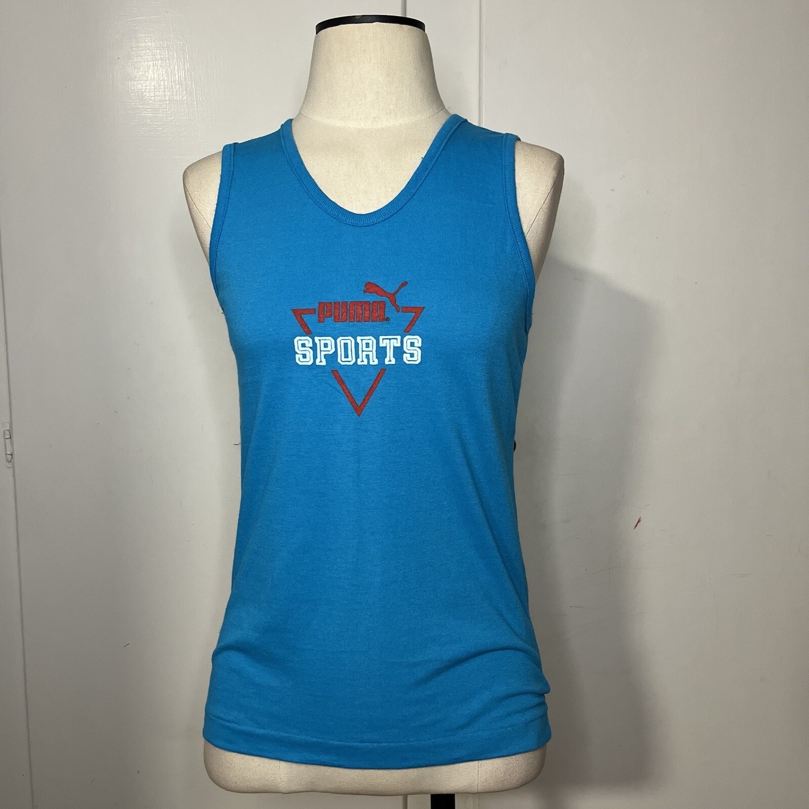 Vintage 80s Puma Blue Sporty Logo Womens Tank Top Athleisure Work Out