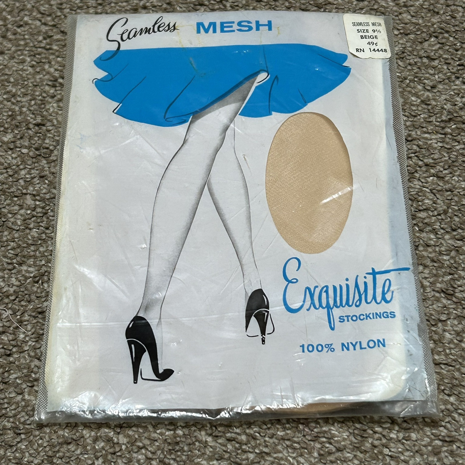 NWT NOS Vintage Exquisite Beige Seamless Mesh Stockings Hosiery Pinup Sz 9 1/2