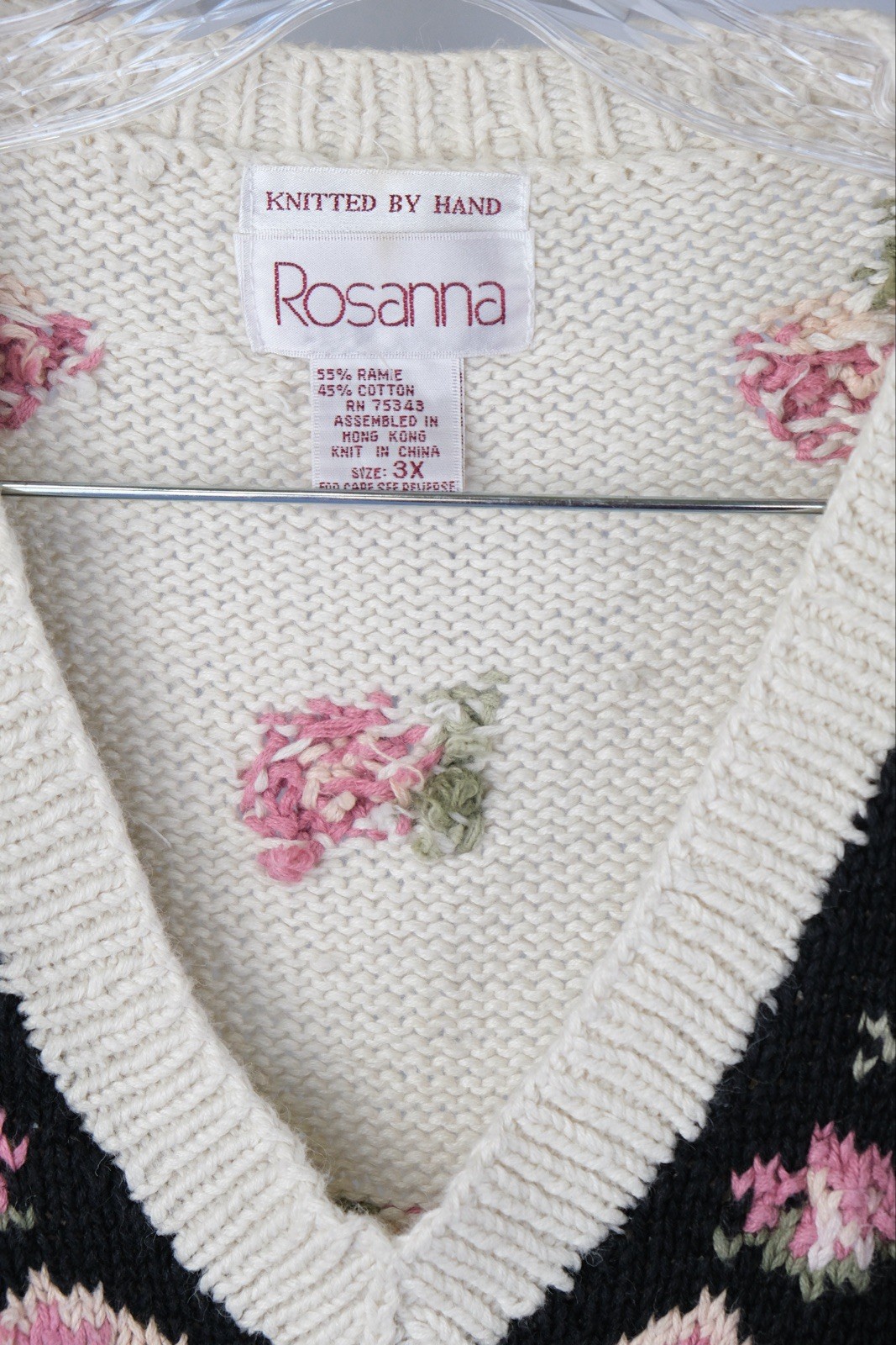 Rosanna Knitted by Hand Floral Sweater 3X Ivory Black Pink Green Ramie Cotton