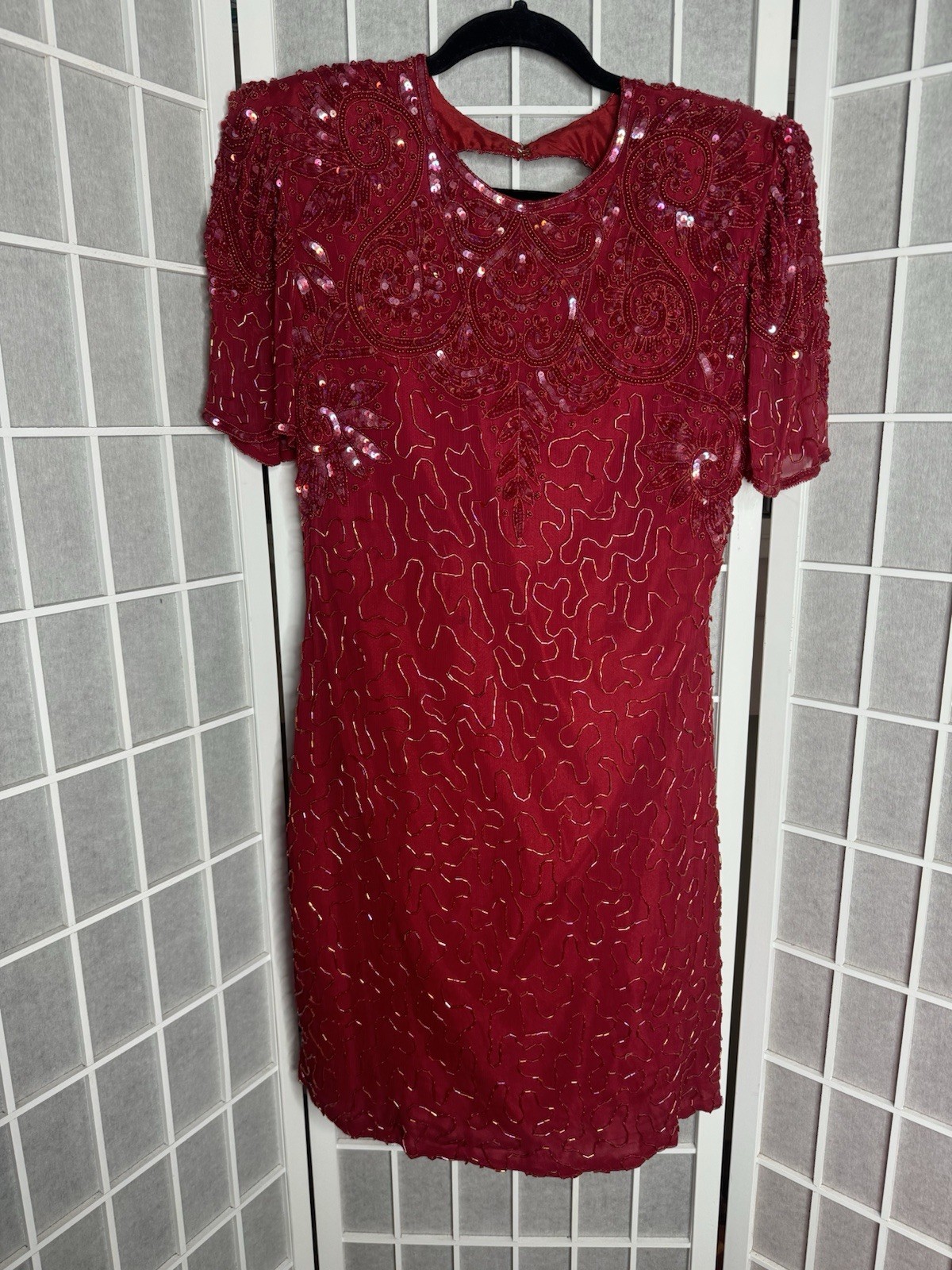 Silky Nites Cherish Vintage 80s Red Sequin Beaded Silk Formal Party Dress Medium