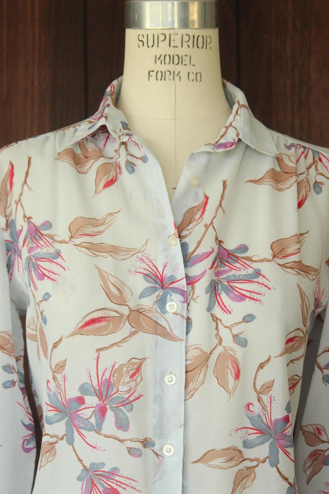 Vintage 1980s 1990s Blouse, Pale Blue Gray Chiffon with a Floral Print Button