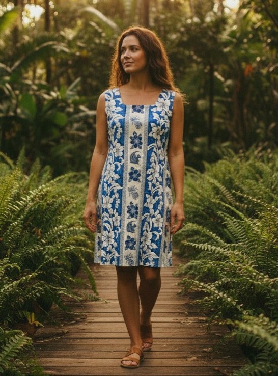 Vintage Hawaiian Dress Shannon Marie XL/14 90s Blue Tropical Floral Made Hawaii