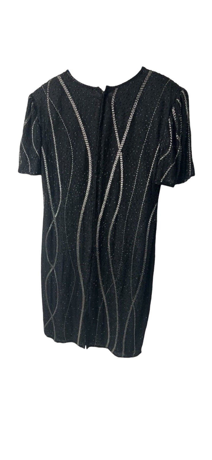 Vintage Sweelo Beaded Black Silver Dress L 12/14 Short Sleeve Lined Midi Elegant