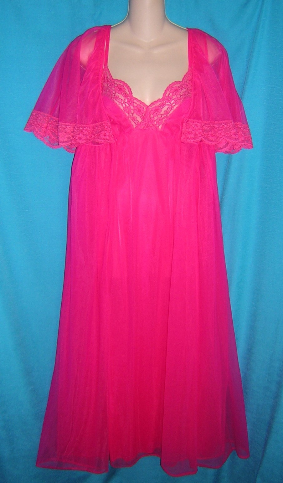 VINTAGE 50’s SEXY FUCHSIA PINK Sheer Chiffon LINGERIE NIGHTGOWN & ROBE SET 32