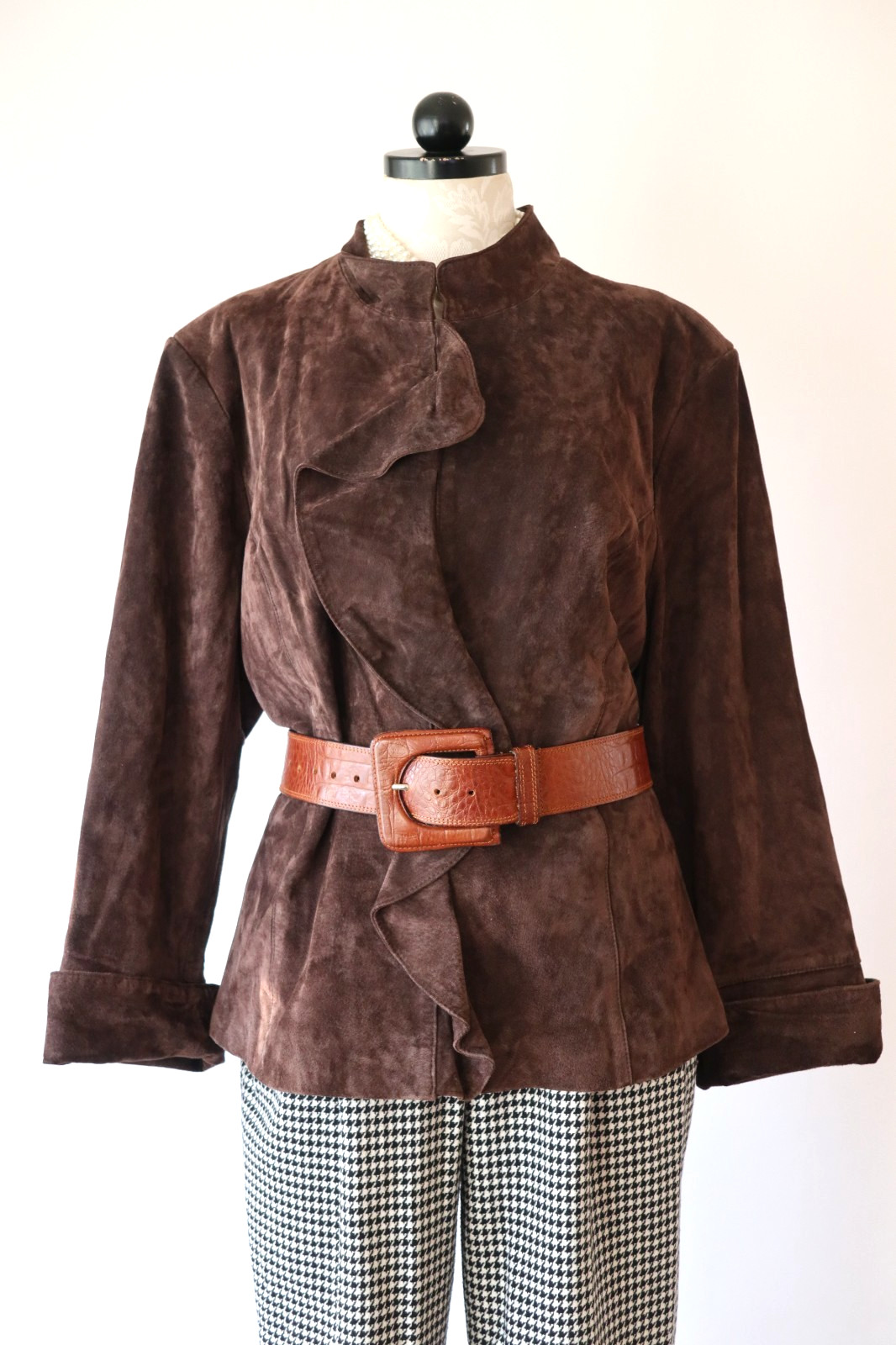 Vintage Y2K Pamela McCoy Brown Brushed Suede Leather Ruffle Jacket Women Plus 3X