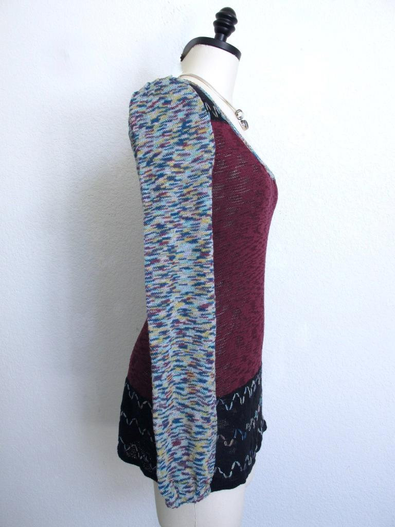 Vintage 90s BKE Mod Tunic Sweater S Mixed Media Embroidery HIppie Burgundy Black