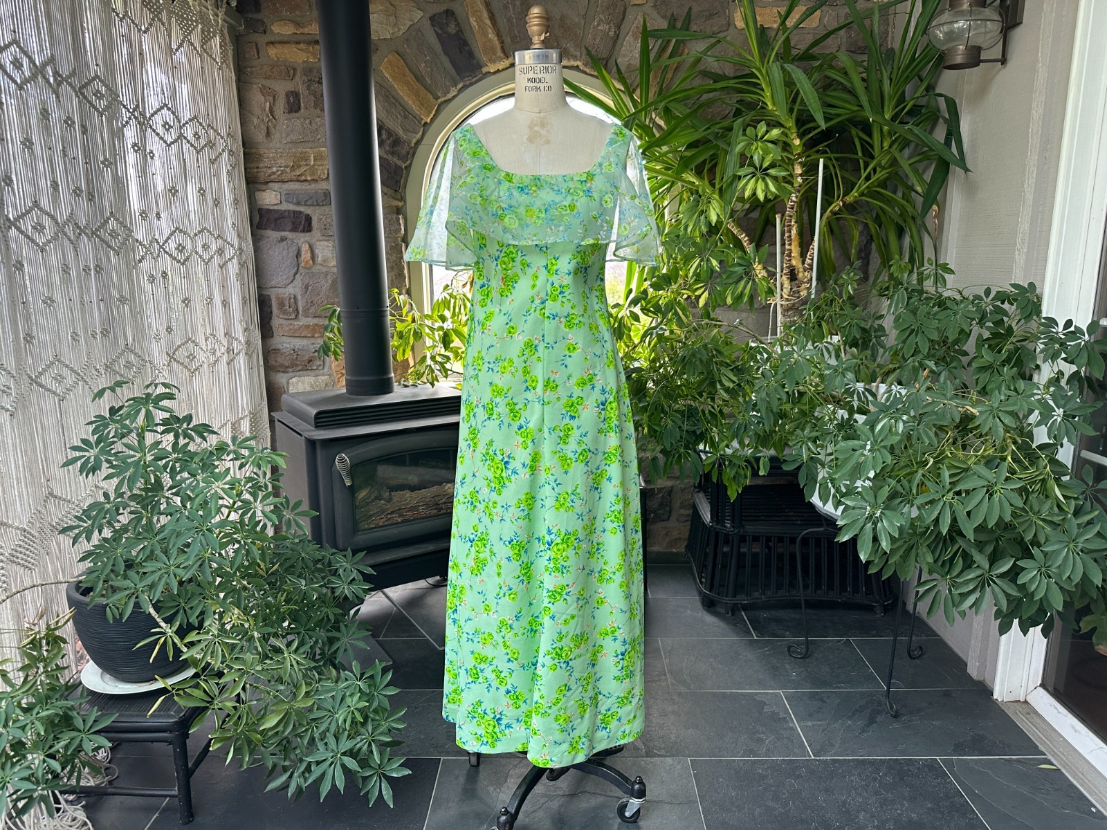 Vintage 1970s Green and Blue Floral Maxi Dress with Sheer Overlay Capelet