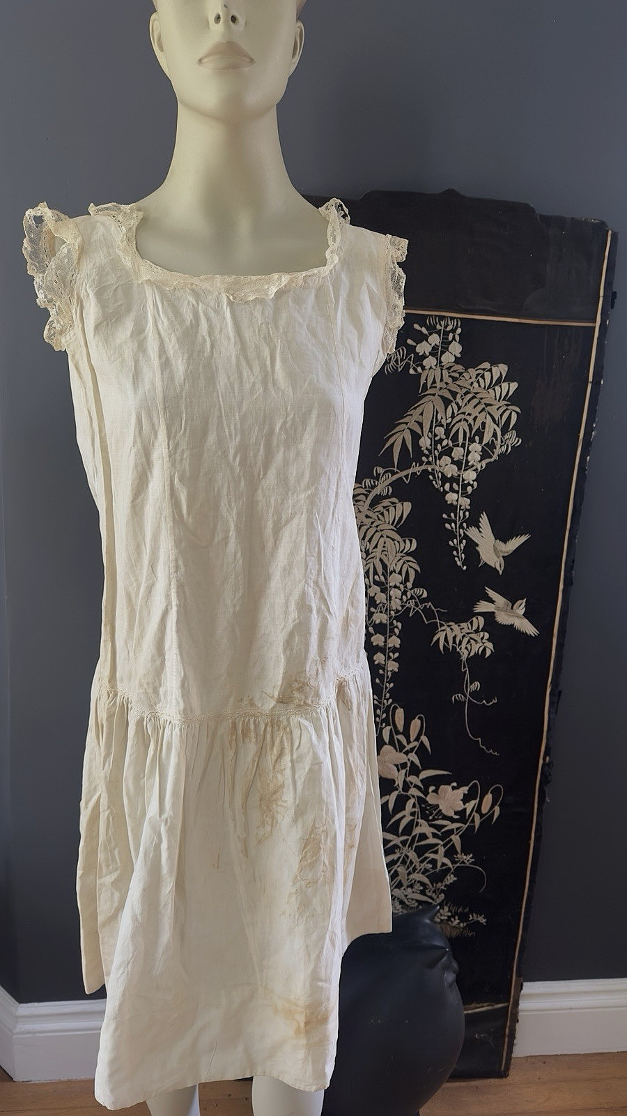 Lovely Antique 19C Lace Trim Cotton Lingerie Full Slip Dress Clothing
