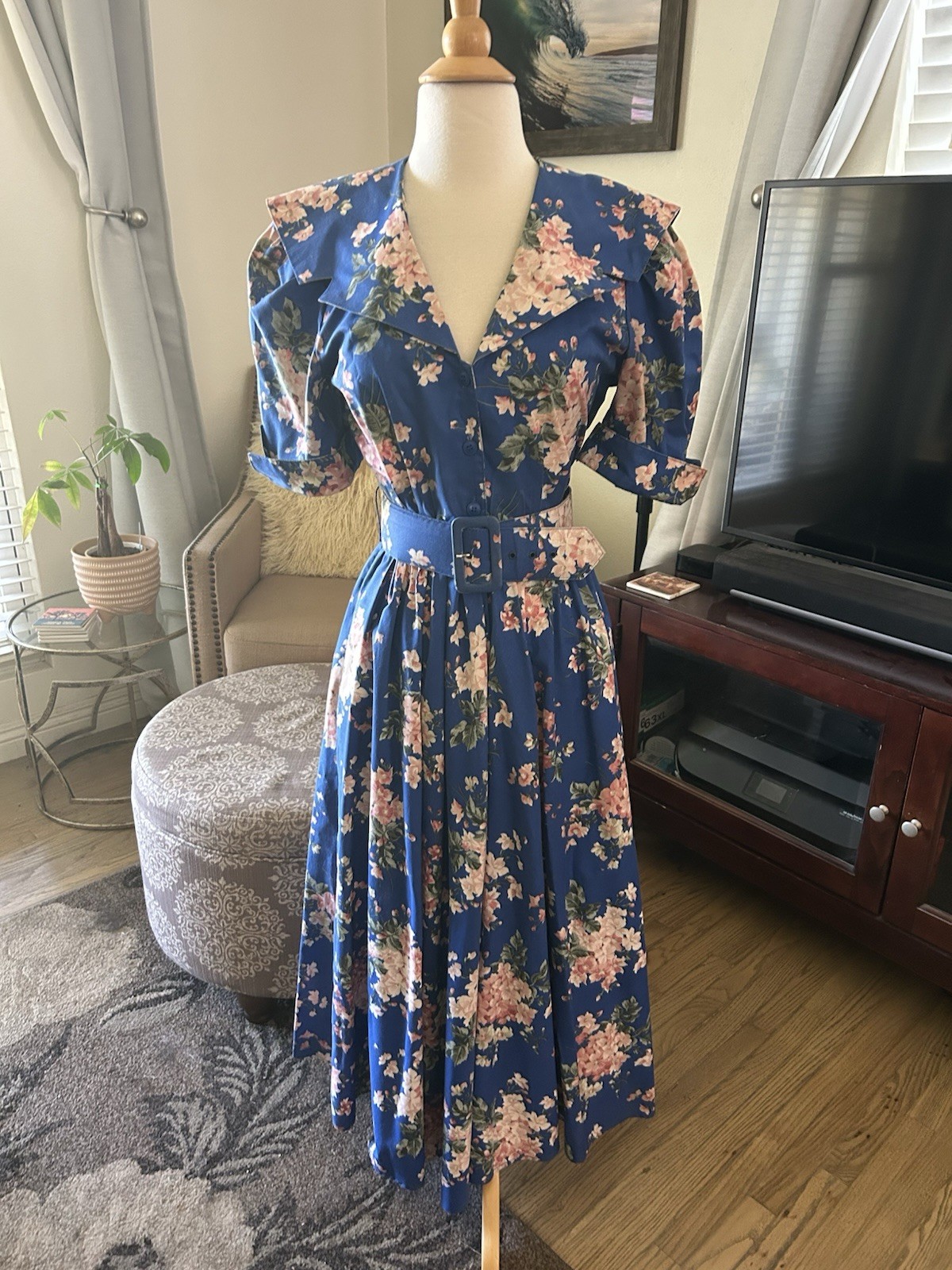 Vtg 80’s Carol Anderson CA blue floral hydrangea tea dress w/ belt size 5/6