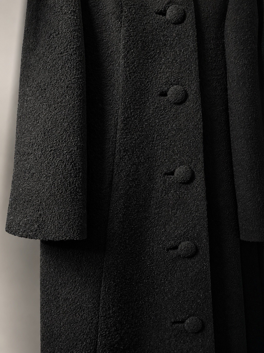 Vintage 1950s Lilli Ann Black Boucle Swing Coat Velvet Collar Rhinestone Buckle