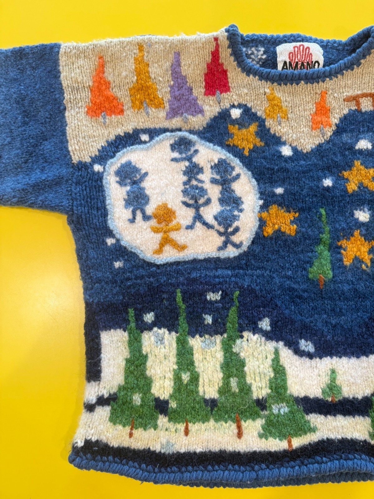 Vtg Amano Bolivian Wool Hand Knit Sweater Christmas Trees Stars Night Sky Aymara