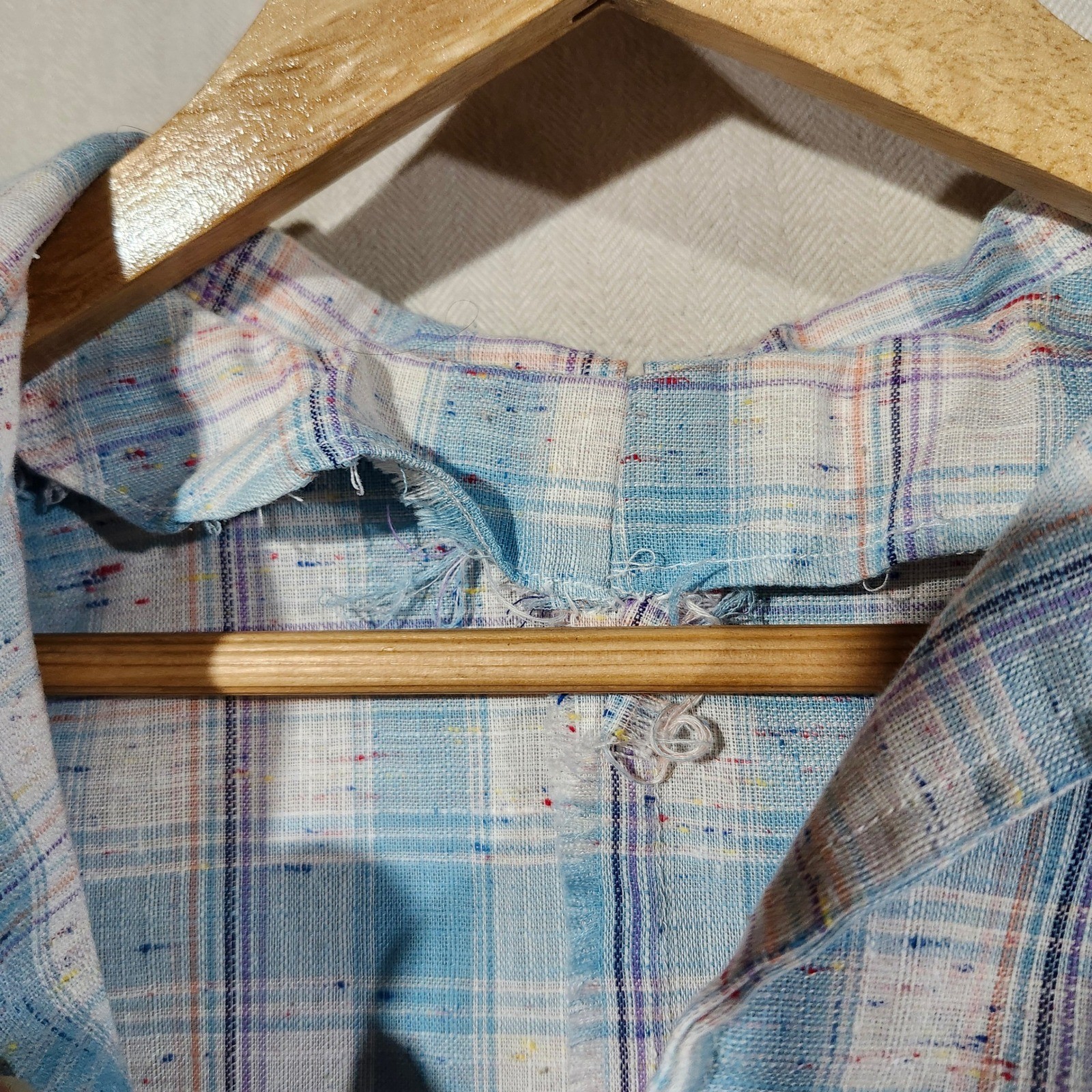 Handmade Vintage Blue Plaid Tunic Top Short Sleeve V-Neck Rainbow 70s Retro Boho