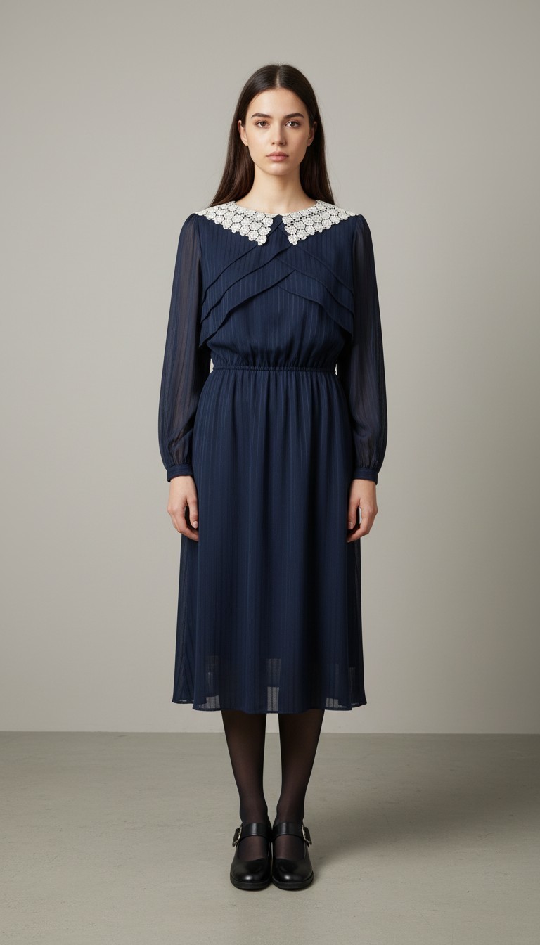 Rice Pudding Ltd Vintage 70s 80s Lace Collar Dress Navy Blue Striped Made in USA