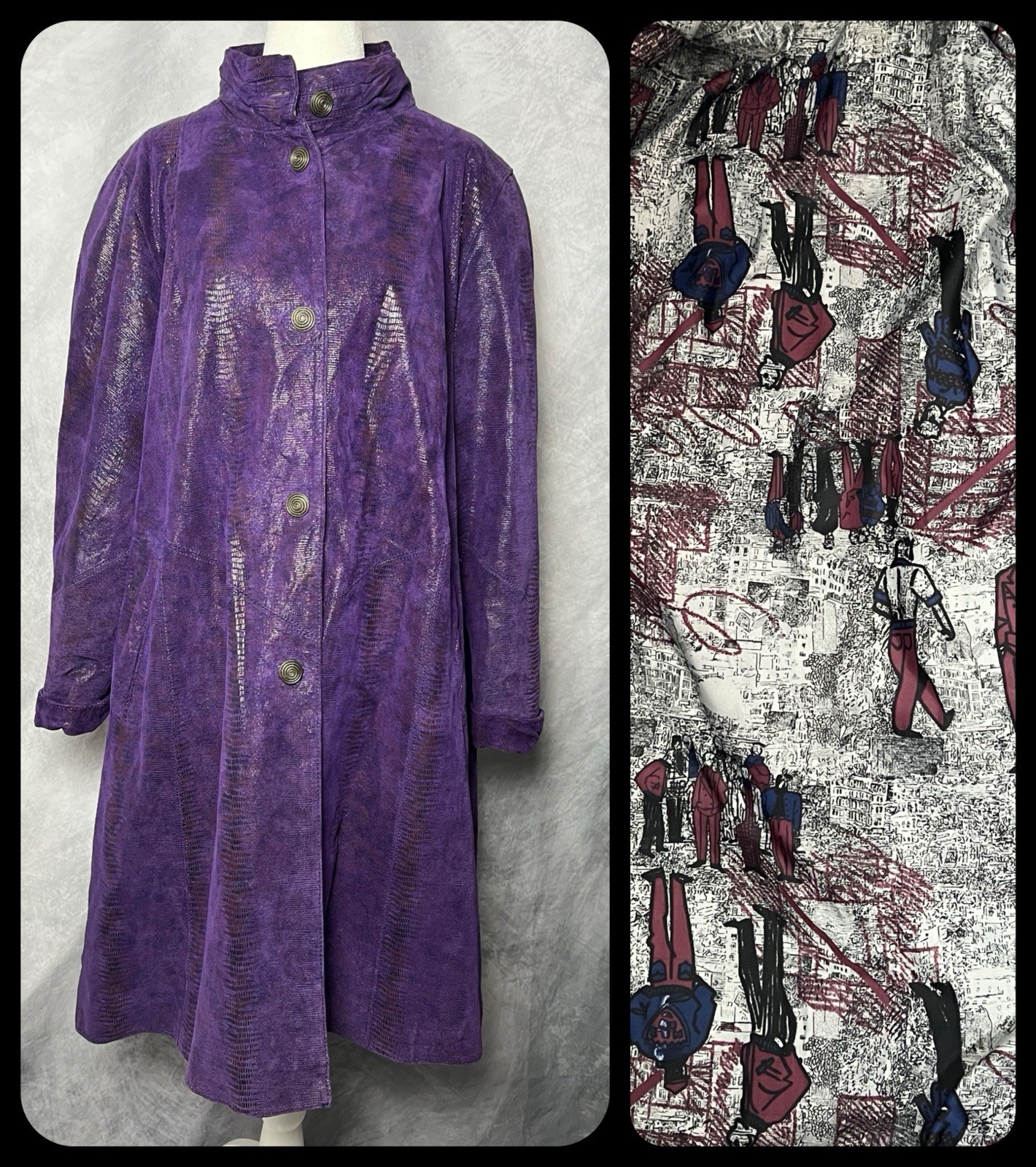 Vintage 1980s-90s Purple Embossed Suede Coat Artistic Cityscape Lining Sz 36 M