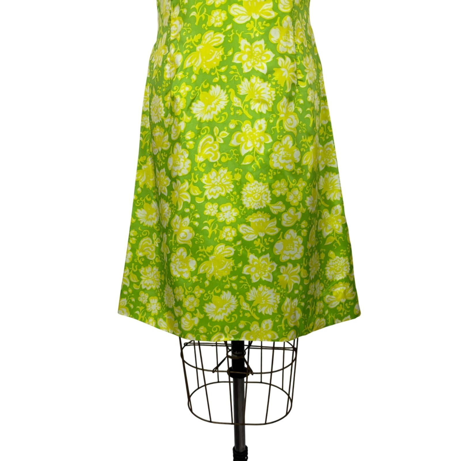 Vintage 60s Floral Dress Womens Medium Lime Green Yellow Mini Sheath Retro