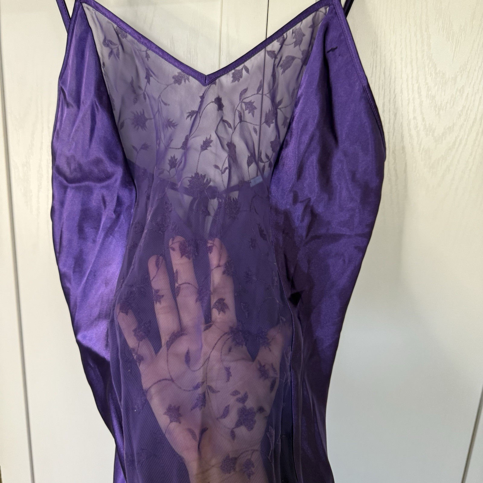 Vintage Warner’s Sleepwear Purple Satin Slip Nightgown M Sheer Floral Mesh Y2K