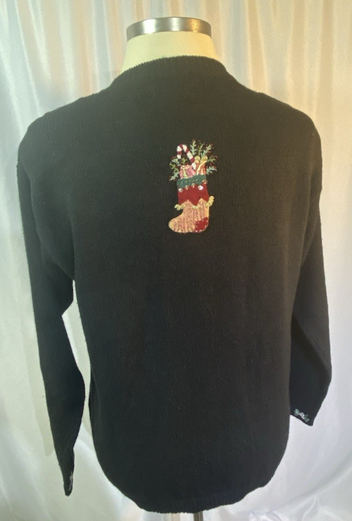 STITCHES IN TIME Christmas Stockings Cardigan Large Sweater Vintage L Black