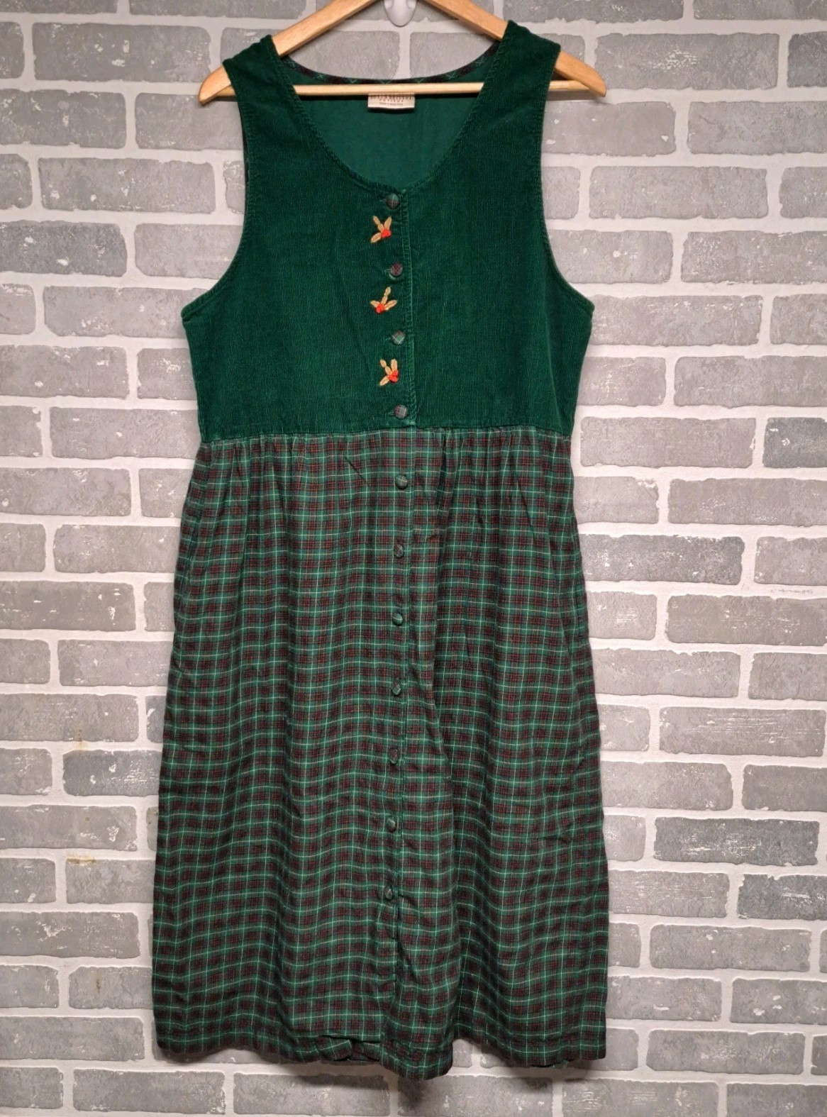 Vintage Susan Bristol Dress Cottage Core Pockets Green Plaid Buttons SIZE 12