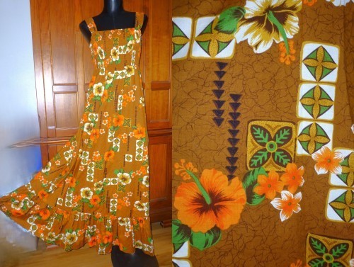 Vtg ROYAL Hawaiian Floral Cotton Polynesian wedding Party Midi Sun DRESS Sz L