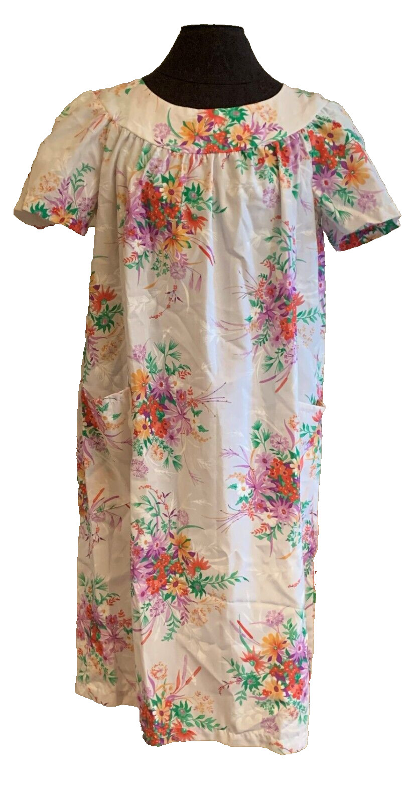 Vtg Pullover House Dress Cotton Blend Bold Floral Pockets Mr B of California USA