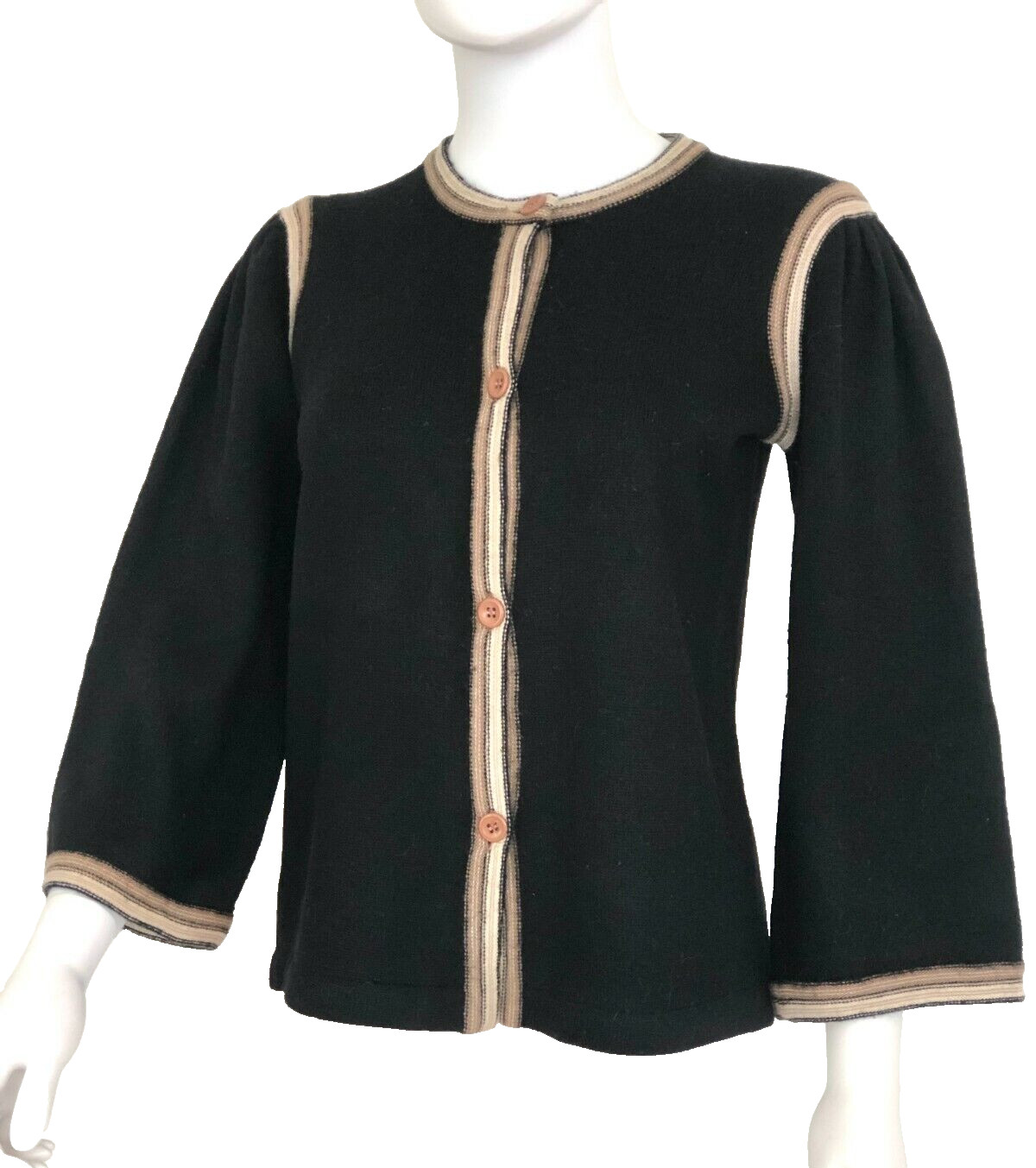 Vtg 1970s Philippe Adec Paris Black Sweater W/ Brown Beige Trim & Bell Sleeves,S