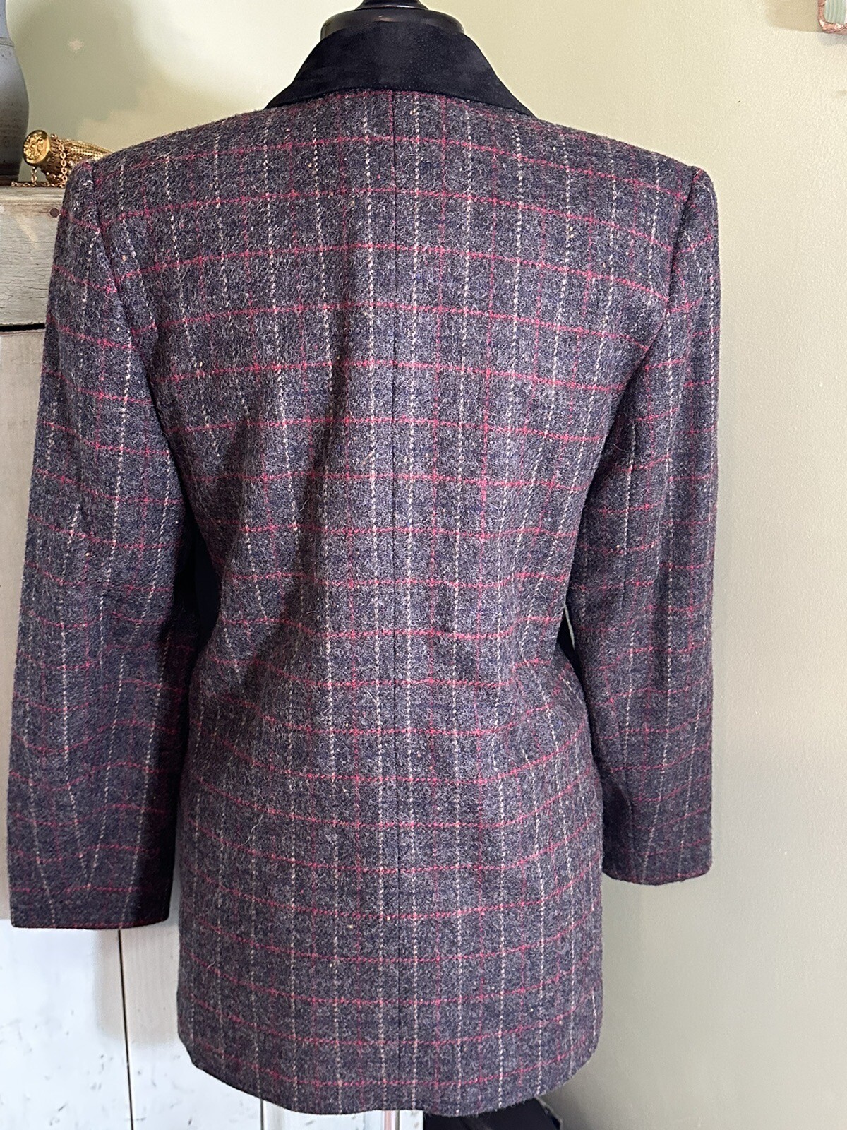 VTG 1980’s David N Wool Windowpane Plaid Blazer Suede Collar Jacket Women’s 6