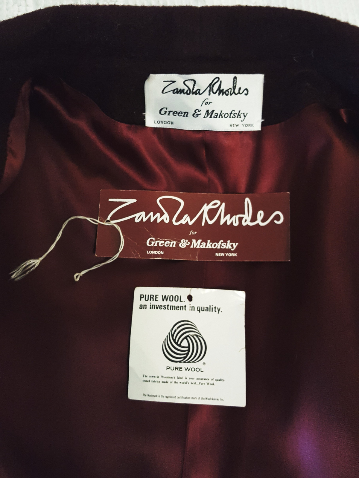 Zandra Rhodes Designer Ladies 100% Wool Coat, Vintage 1980s, Deep Burgandy Color