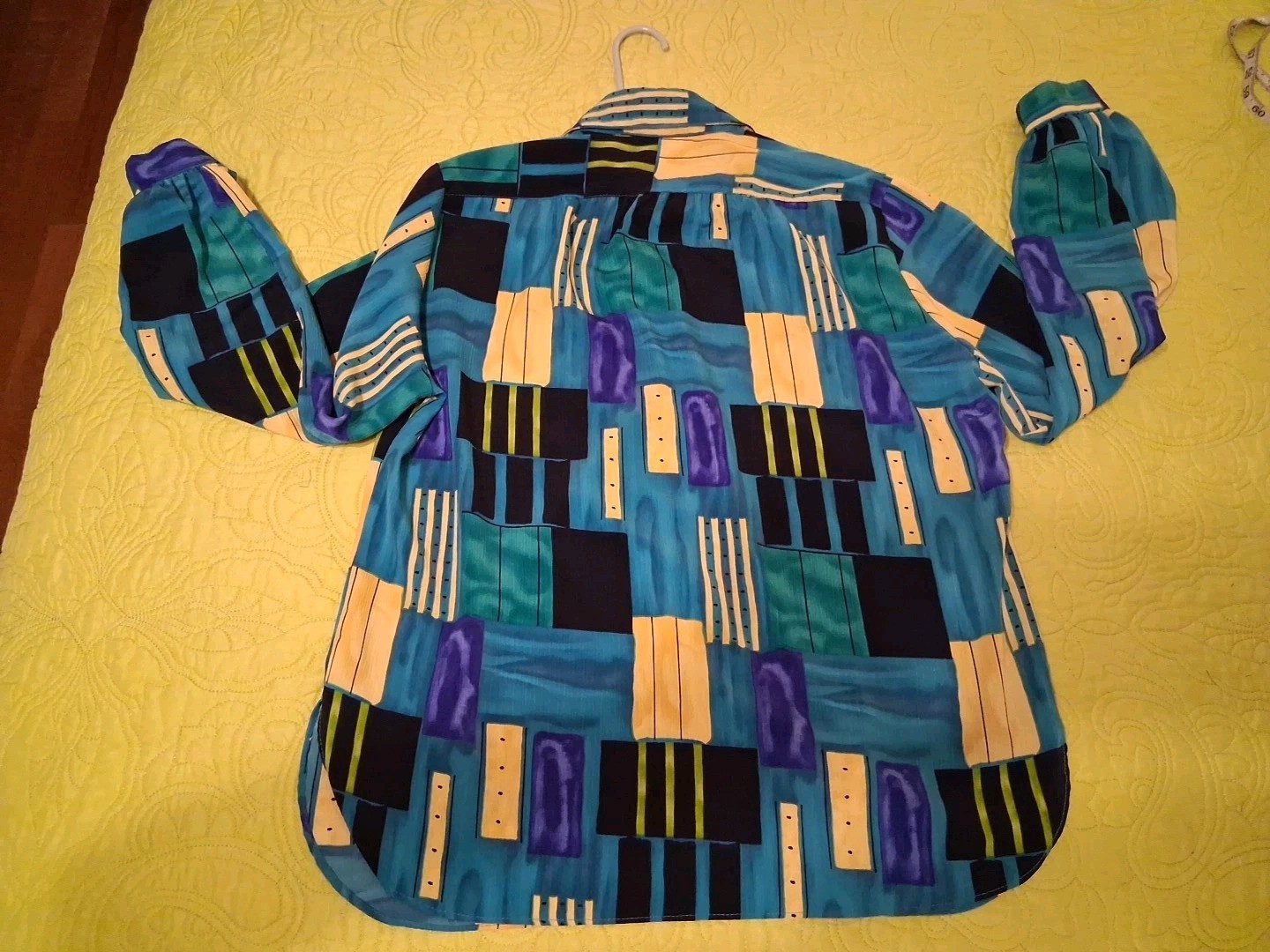 Vintage 80s All Hours Blue/Green/Yellow Long Sleeve Button Front Blouse Sz L