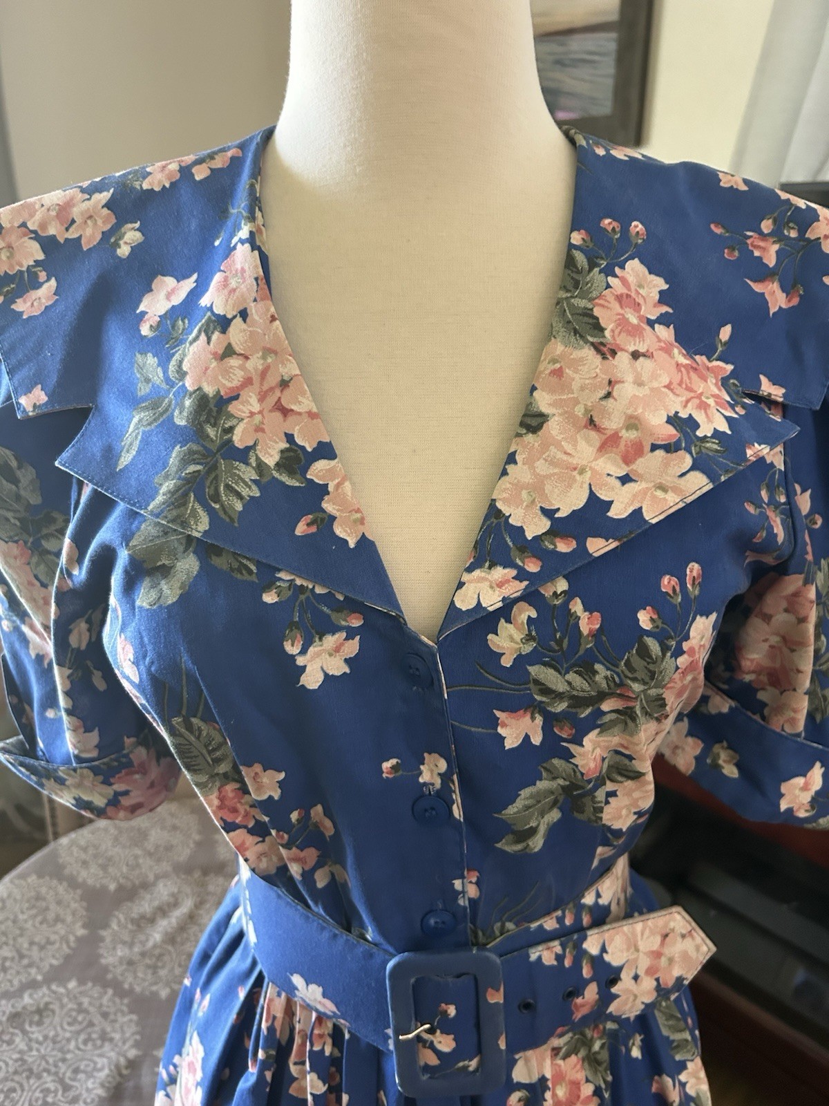 Vtg 80’s Carol Anderson CA blue floral hydrangea tea dress w/ belt size 5/6