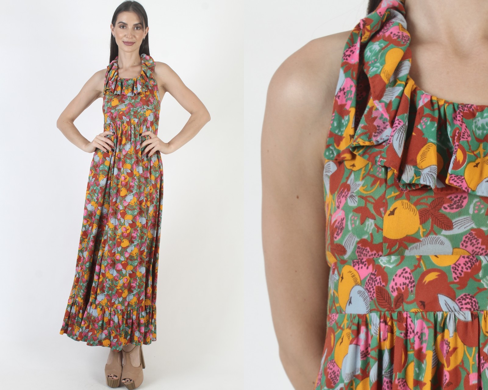 Vtg Climax by David Howard Halter Dress Prairie Hippie Floral Open Back Sundress