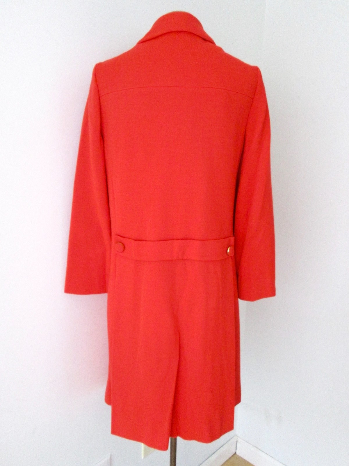 VGC Vtg 60s Mod Tomato Red Wool Knit Double Breasted Military Coat Back Belt S/M