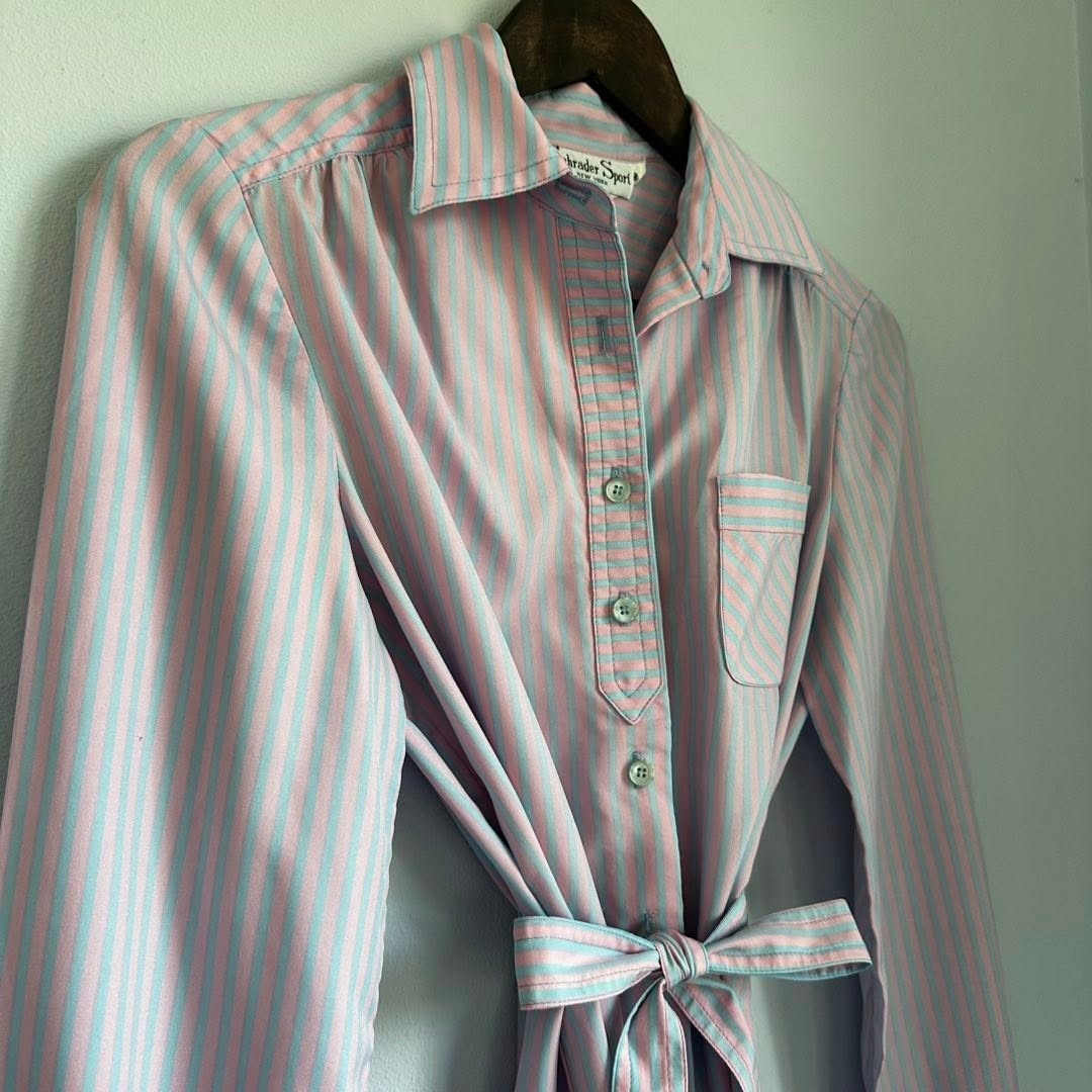 Vintage Shrader Sport Stripe Shirt Dress Pink Blue ILGWU Tie Waist S