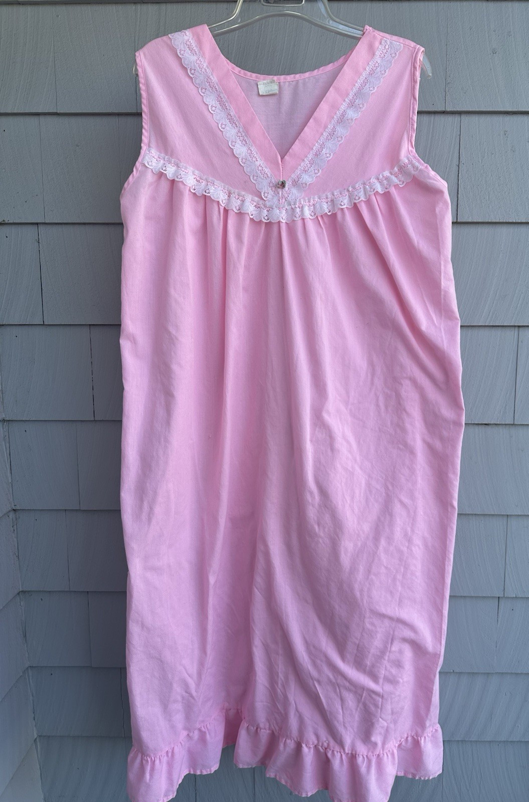 Vintage Pink Lace Trim Nightgown Poly Cotton Sleeveless 1960s Large