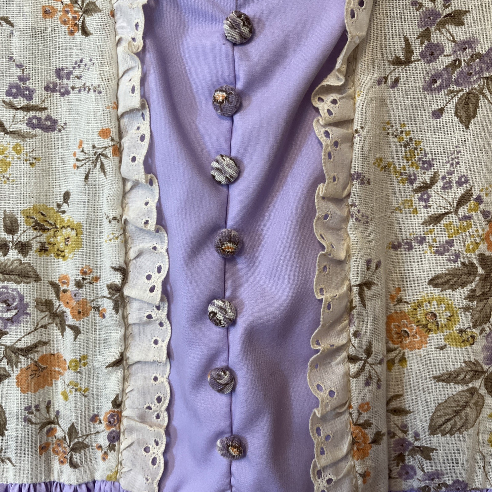 Vtg 70s Ivory Purple Floral Lace Pearl Long Sleeve Belted Dress Cottagecore