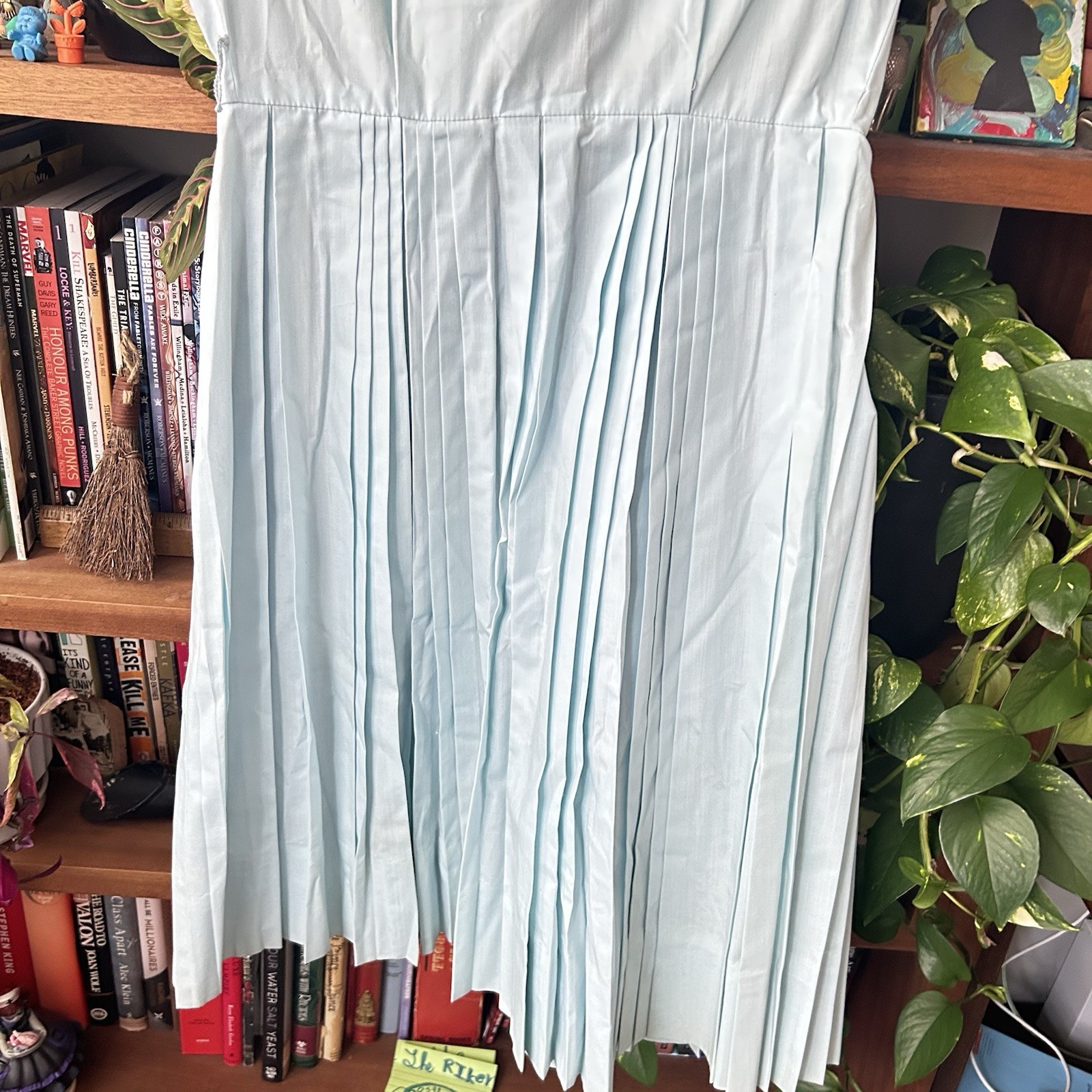 Vintage Light Blue Pleated Belted Dress by Westbury Fashions