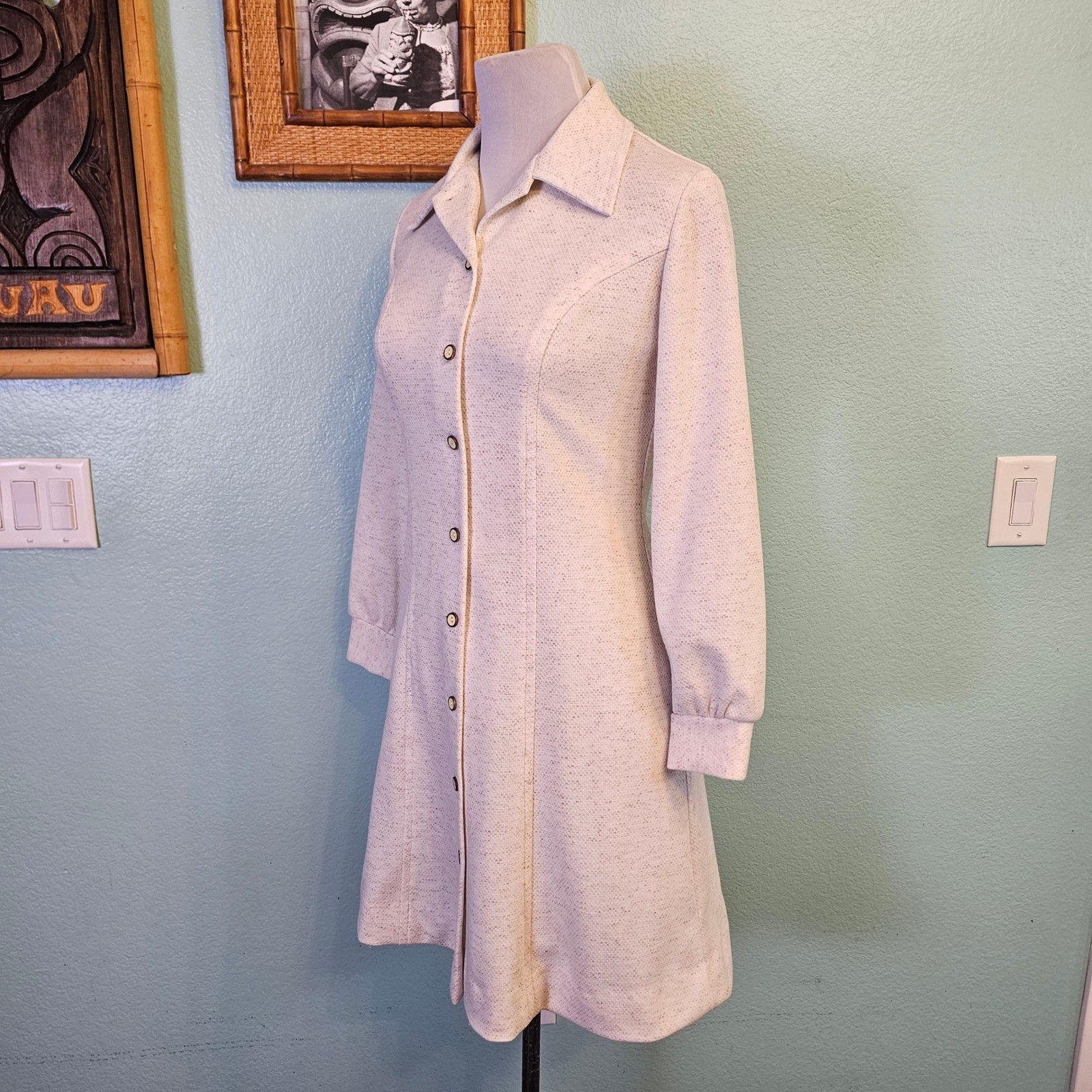 Vintage 70s Sears Double Knit Polyester Shirt Dress Dagger Collar Size M USA Mod