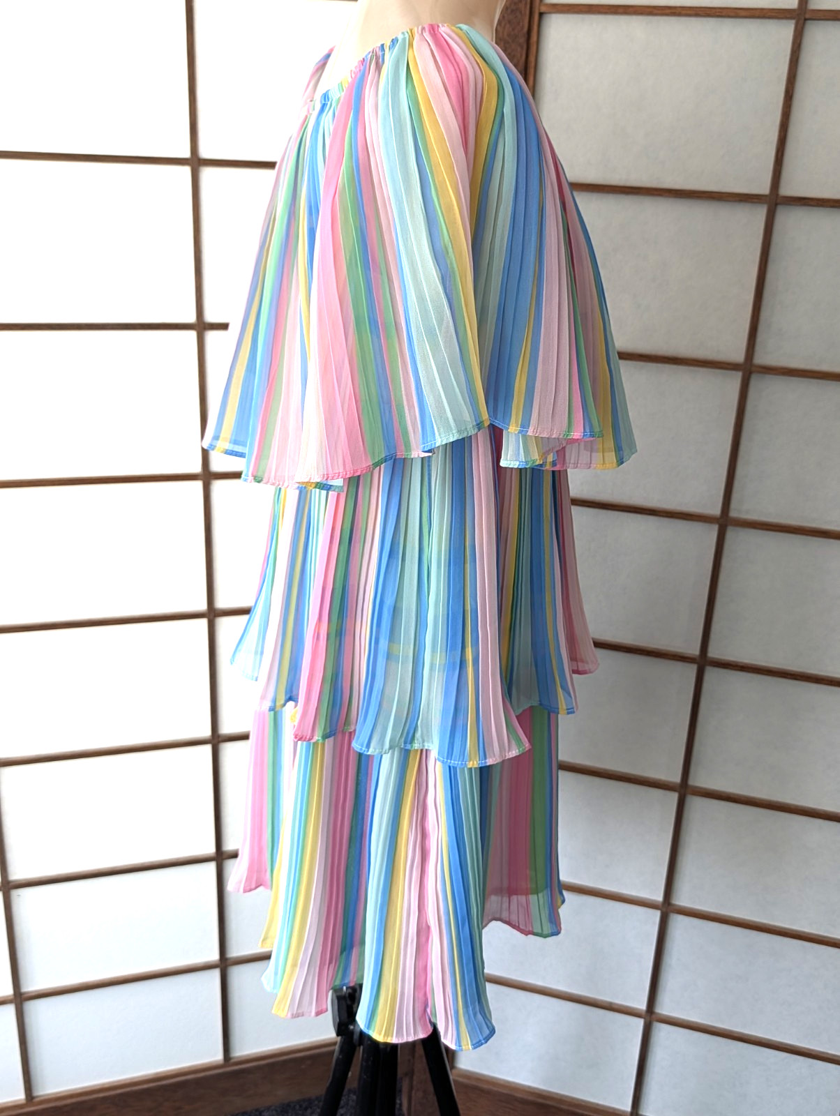 Vintage 1980s Three-tiered Pastel Striped Off The Shoulder Ruffle Mini Dress S/M