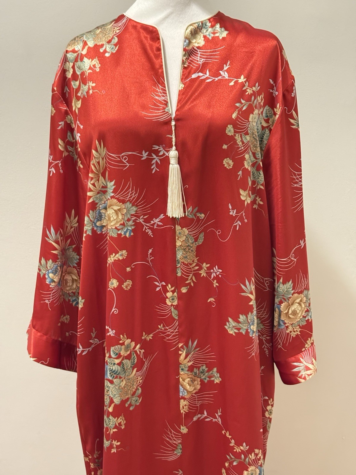 Vtg Lejaby Paris Caftan Mumu Maxi Dress Kimono Asian Inspired Chrysanthemum Red