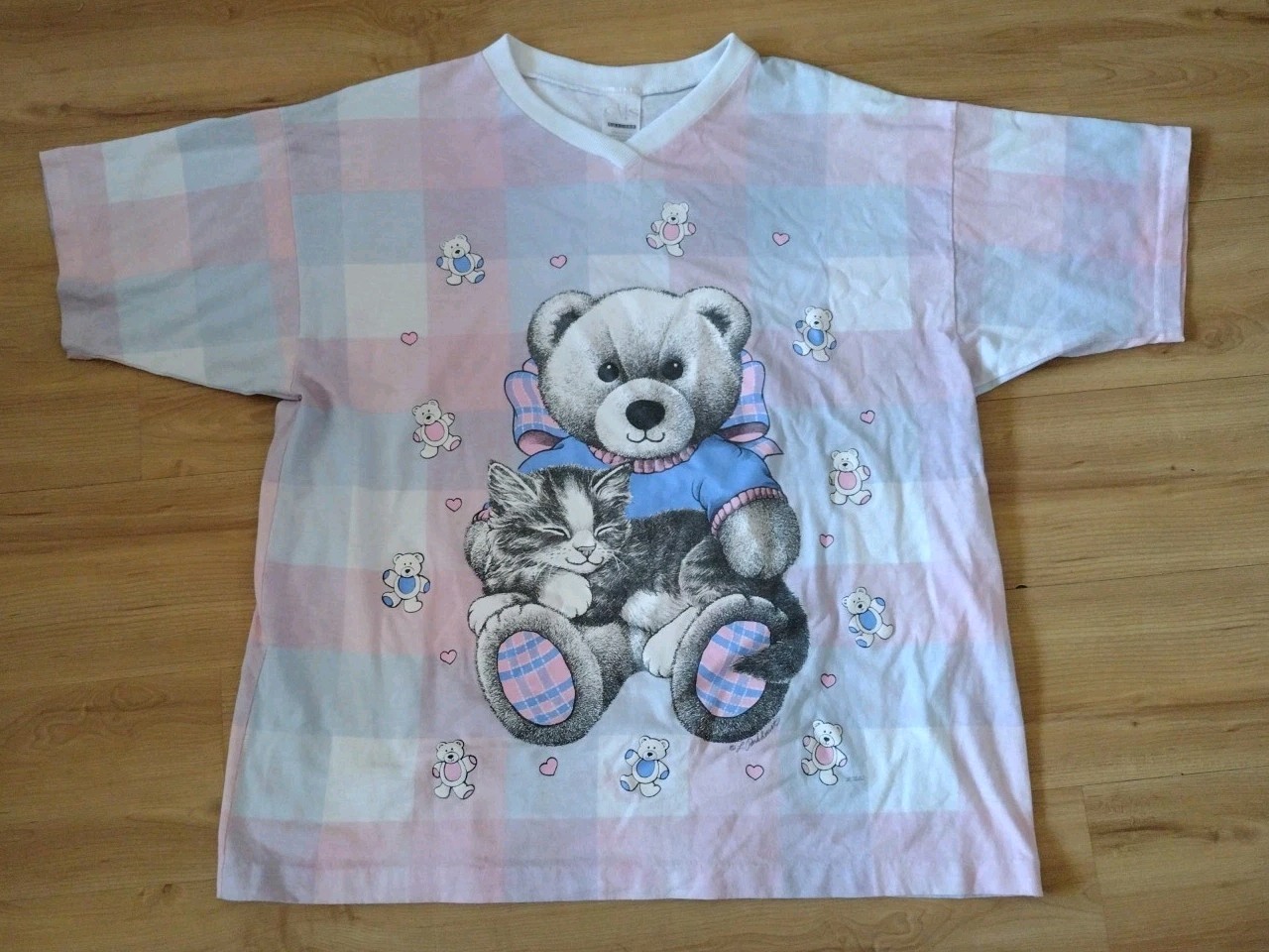 Vintage Kitten Teddy Bear Shirt USA Made CMS Casuals Sleep Shirt OneSize Y2K VTG