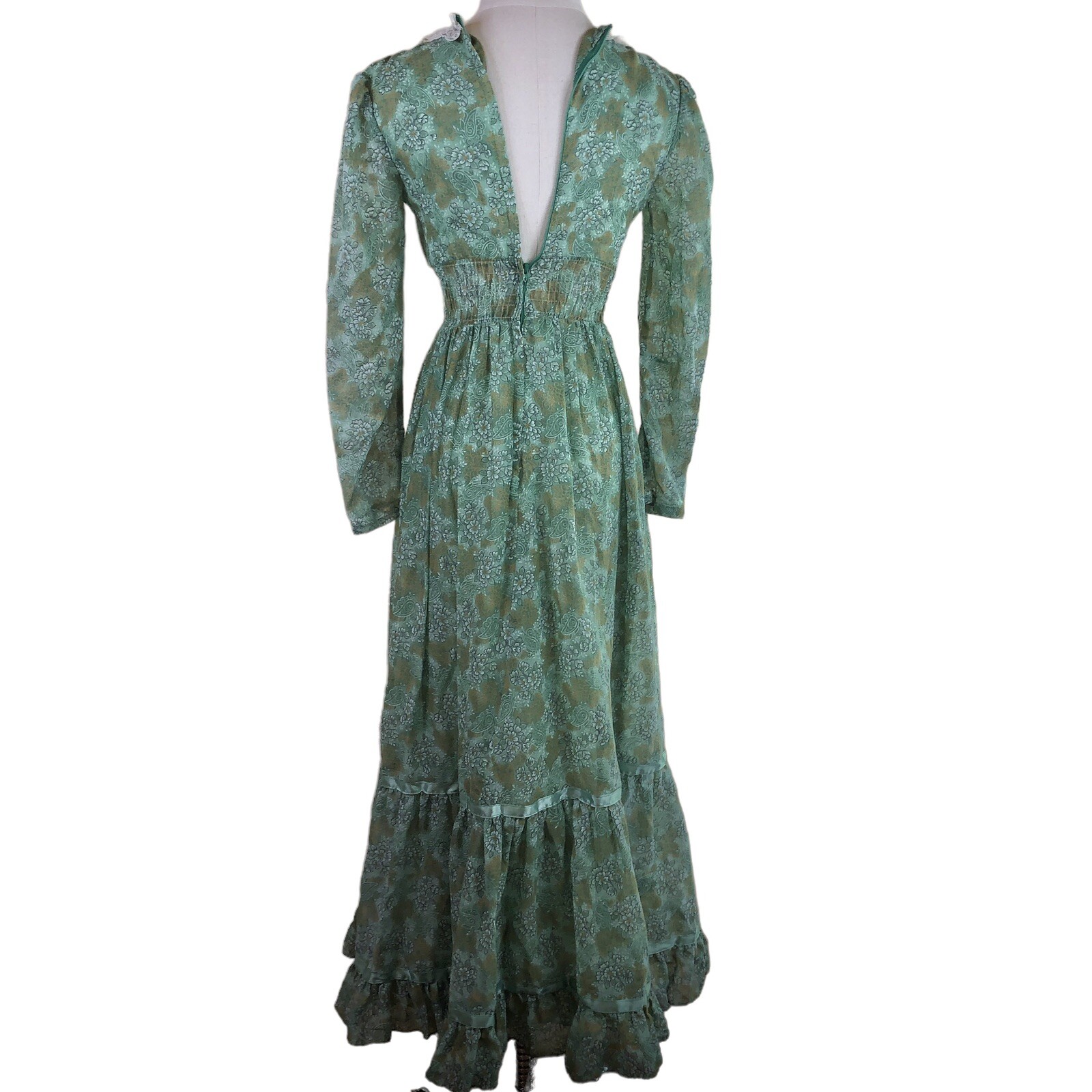 Vintage Maxi Prairie Dress Candi Jones of California ￼Green Floral Boho 70s Sz 3