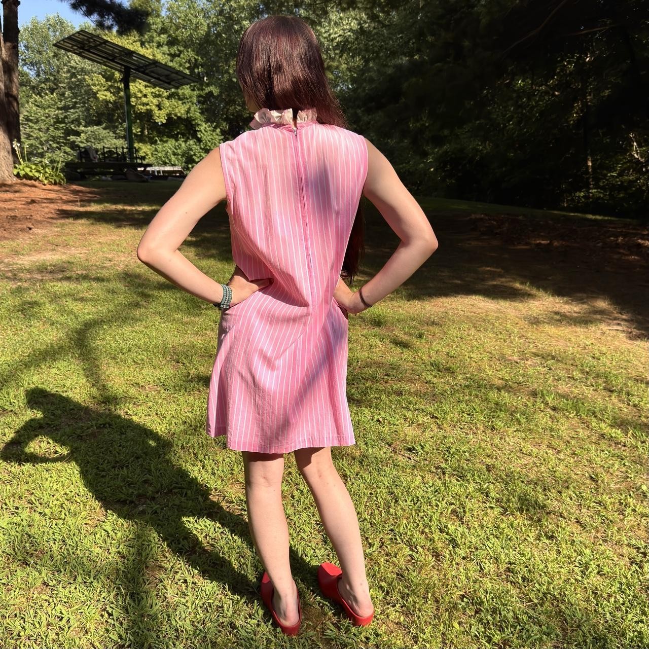 60s mod bubblegum pink candy stripe cotton mini dress w/ fun ruffle collar